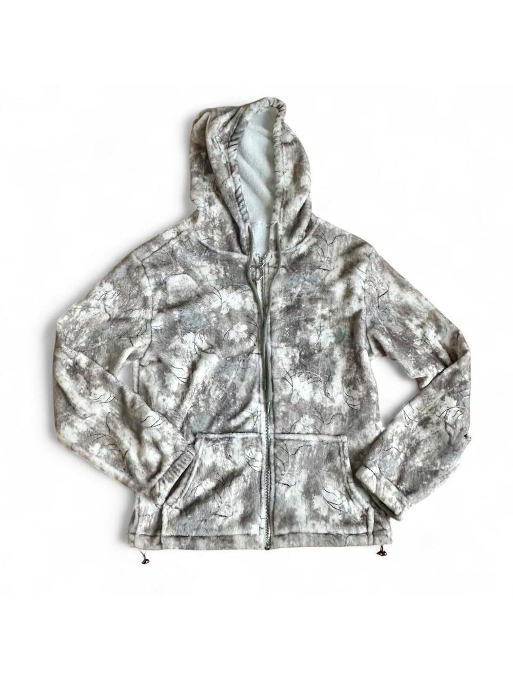 Camo gray white comfy zip up outdoors faux fur hoodie XS fuzzy soft